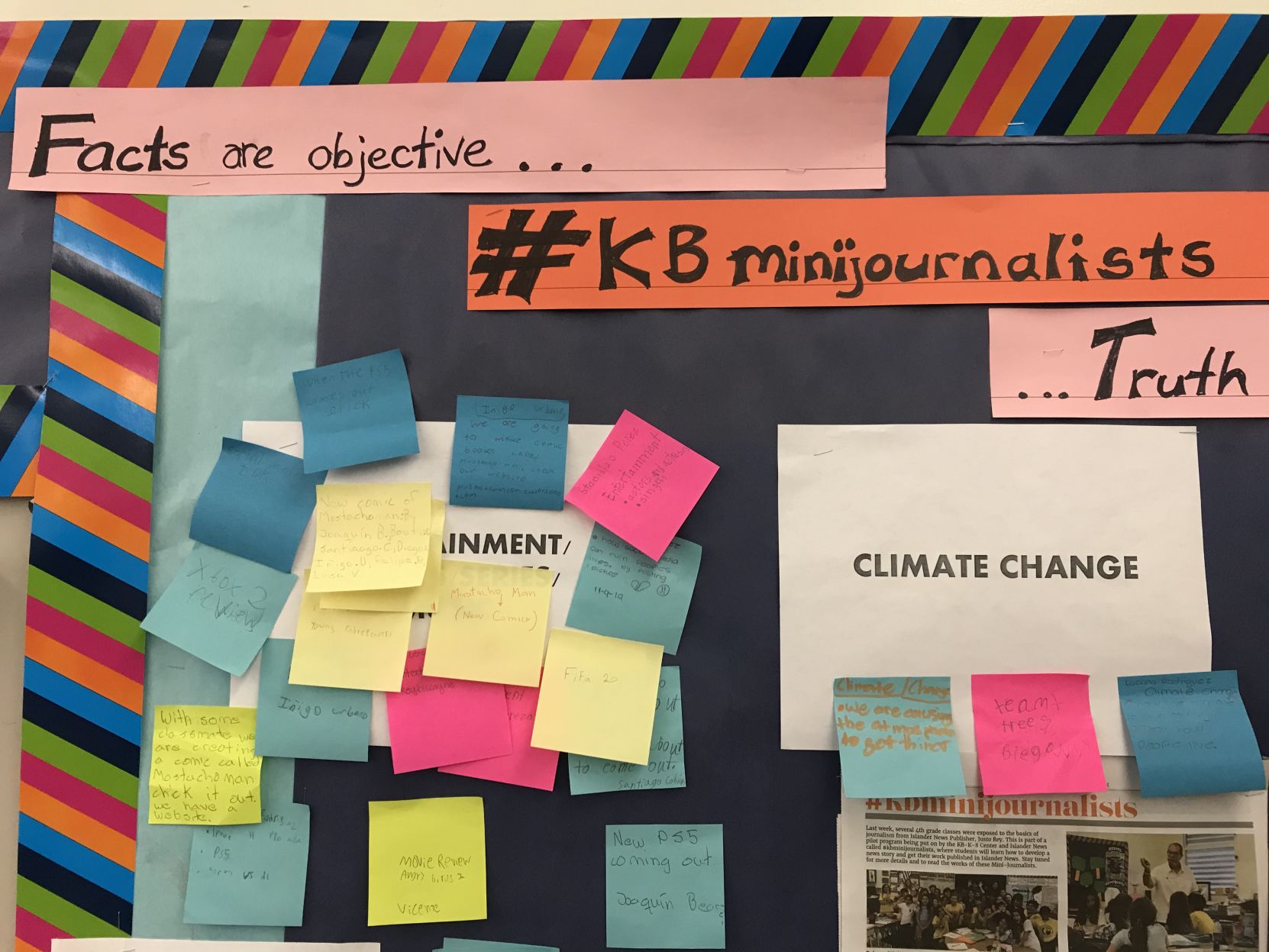 #kbminijournalists working journalism board with topics to explore